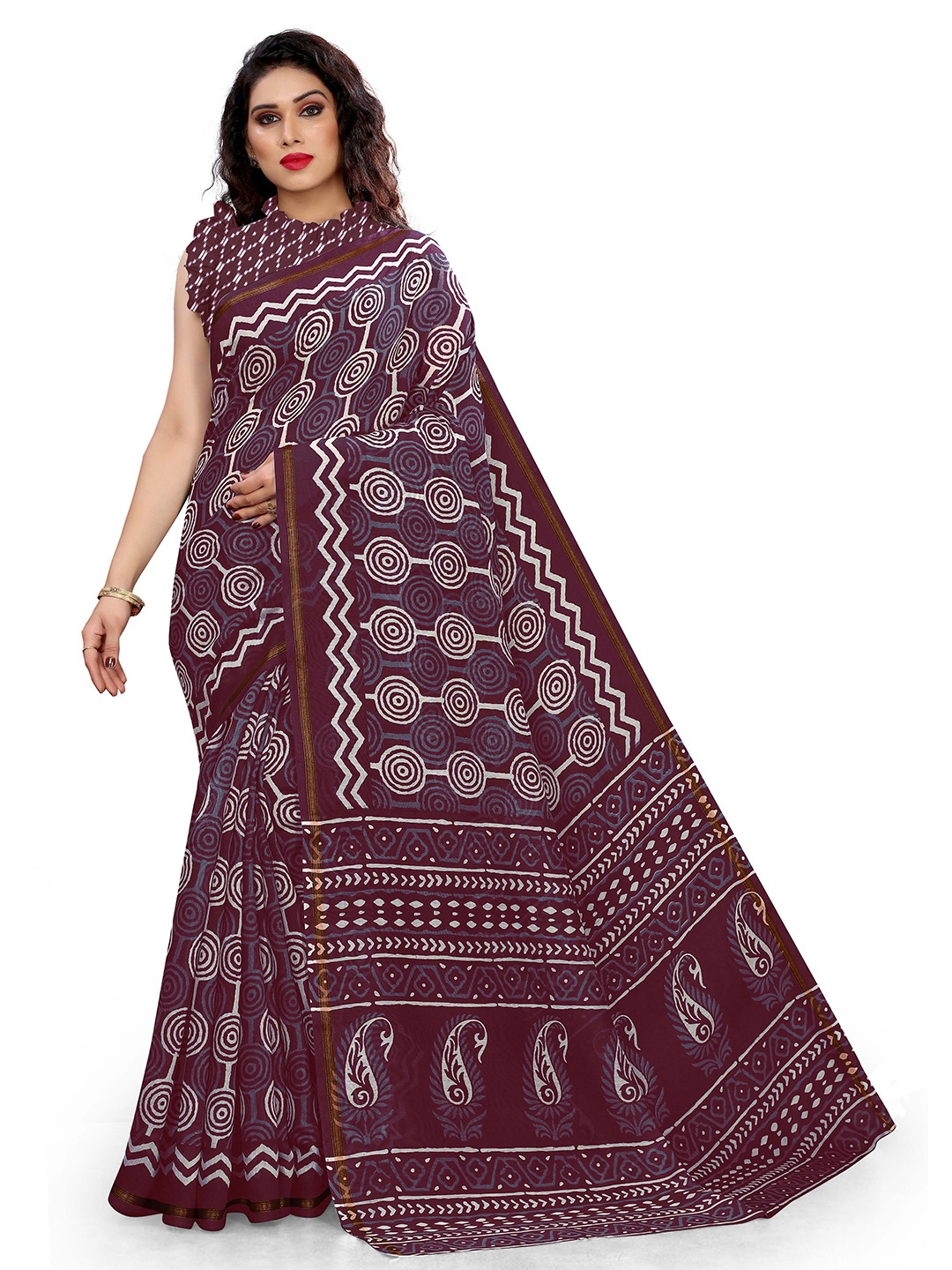 

KALINI Burgundy & White Geometric Printed Saree