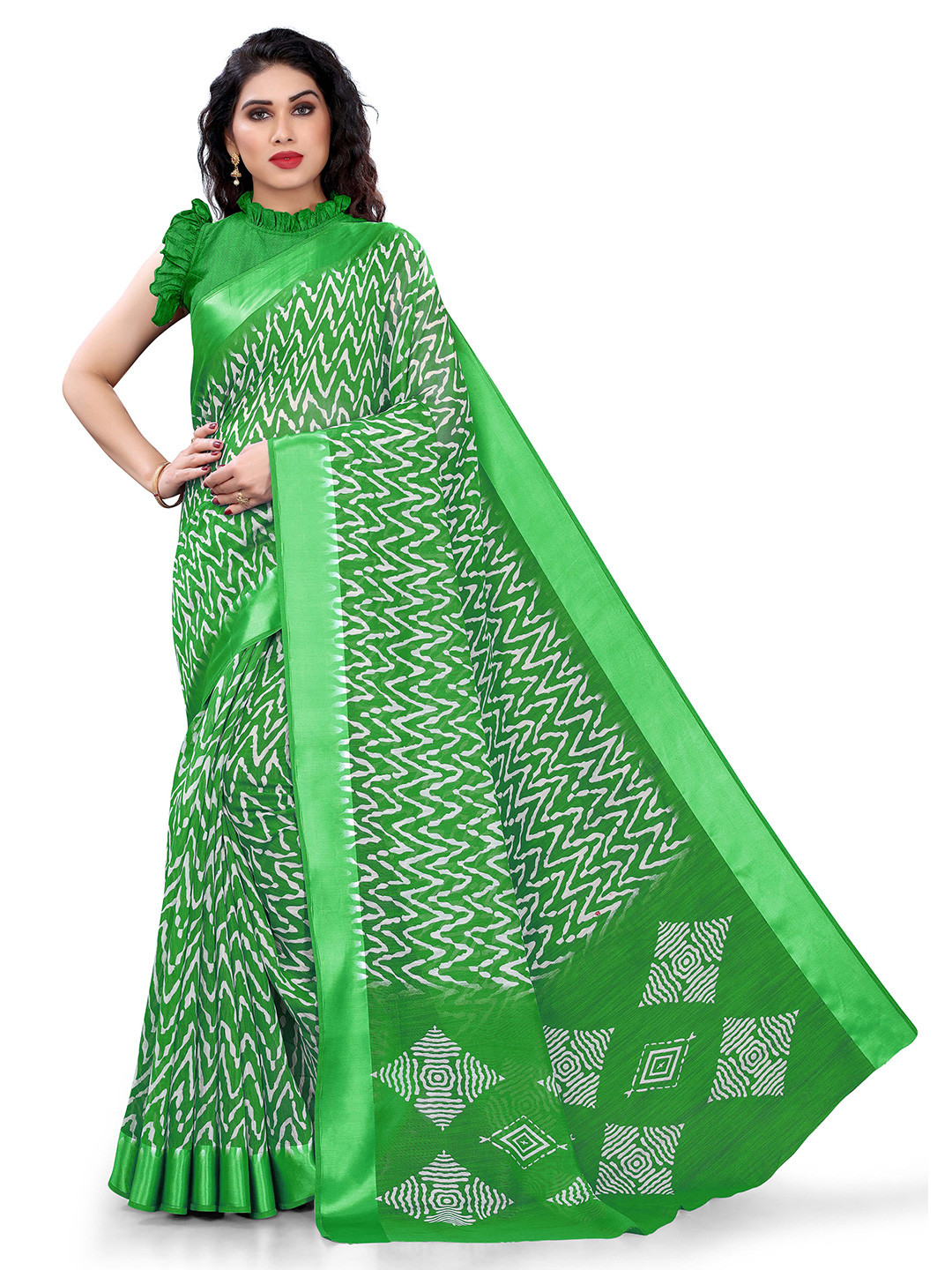 

KALINI Green & White Printed Leheriya Saree