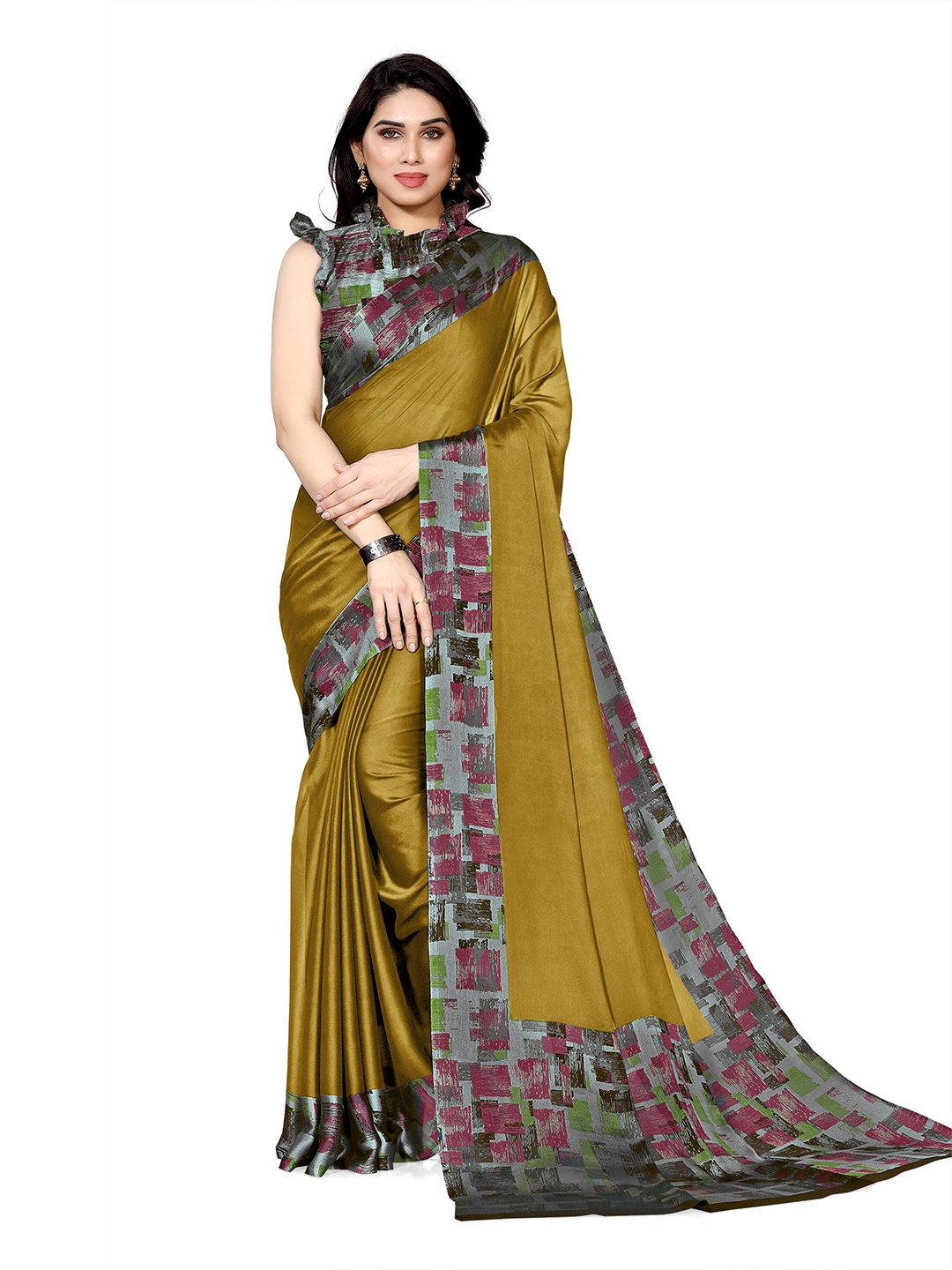 

KALINI Mustard Brown & Pink Block Print Saree