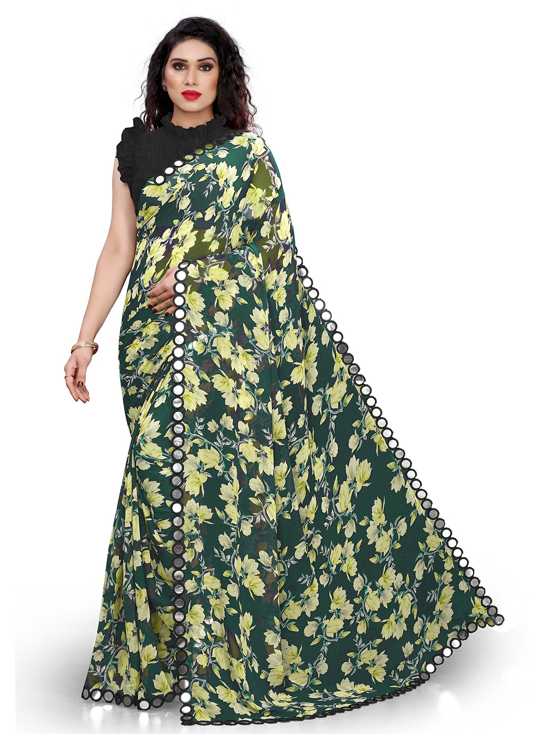 

Mirchi Fashion Green & Yellow Floral Mirror Work Bagh Saree