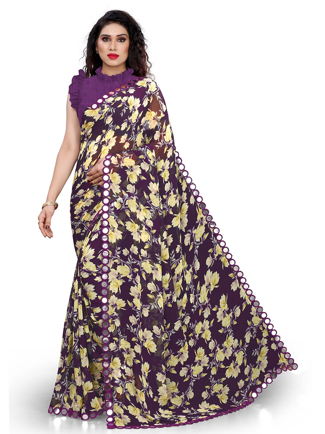 

Mirchi Fashion Purple & Yellow Floral Mirror Work Bagh Saree