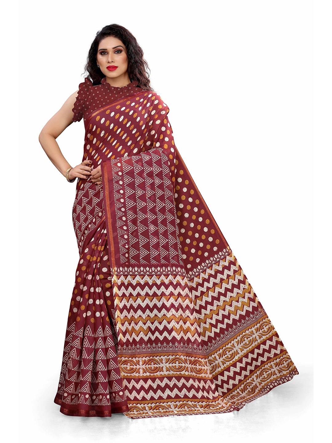 

KALINI Maroon & Off White Geometric Printed Saree