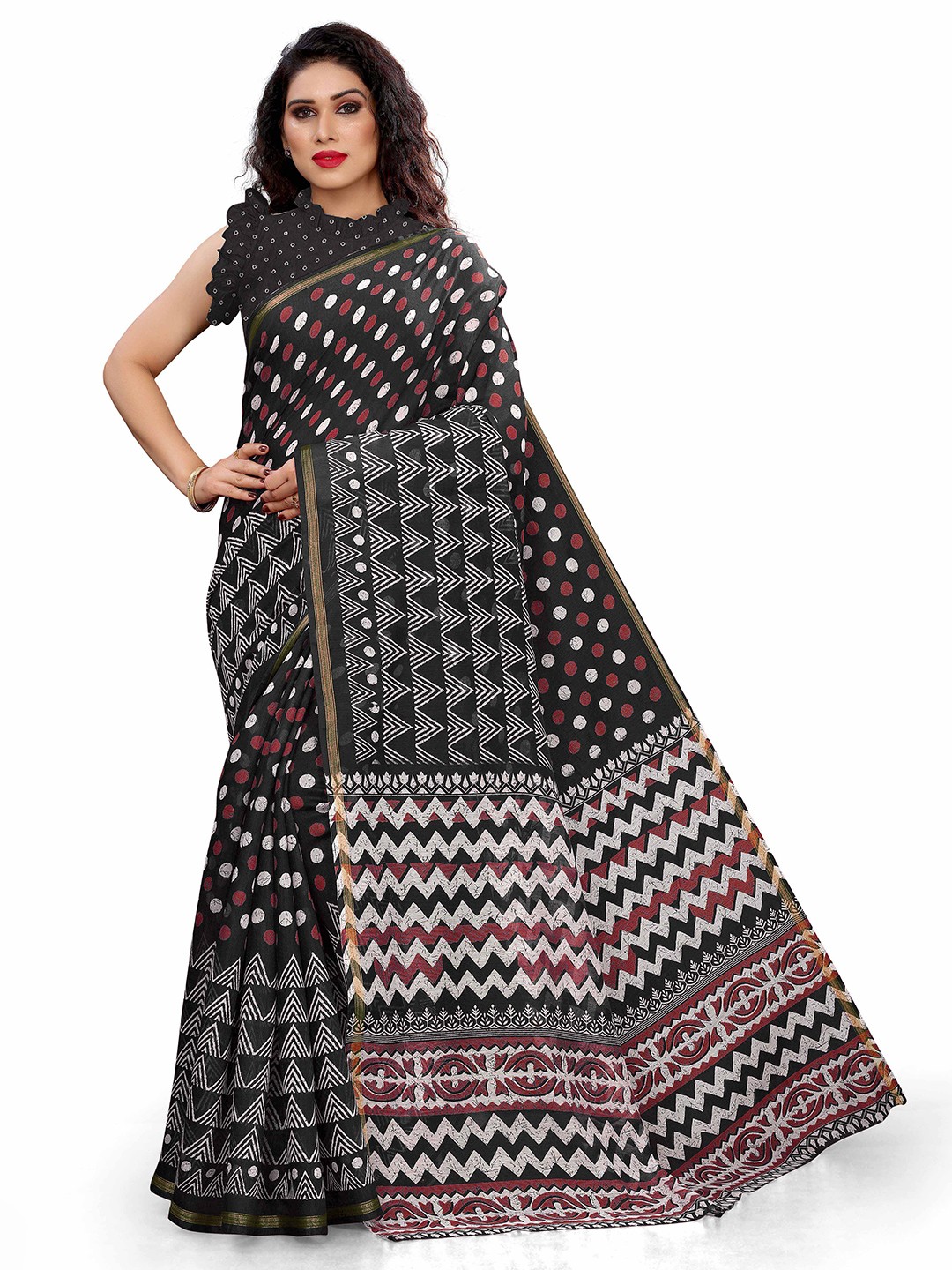 

KALINI Black & Off White Geometric Printed Saree