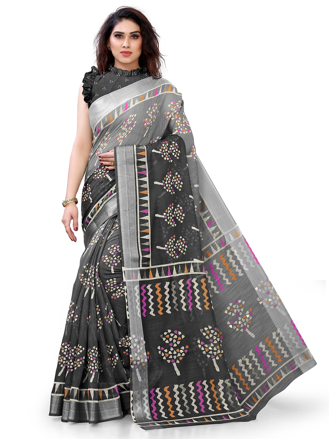 

KALINI Black & Grey Ethnic Motifs Printed Zari Saree