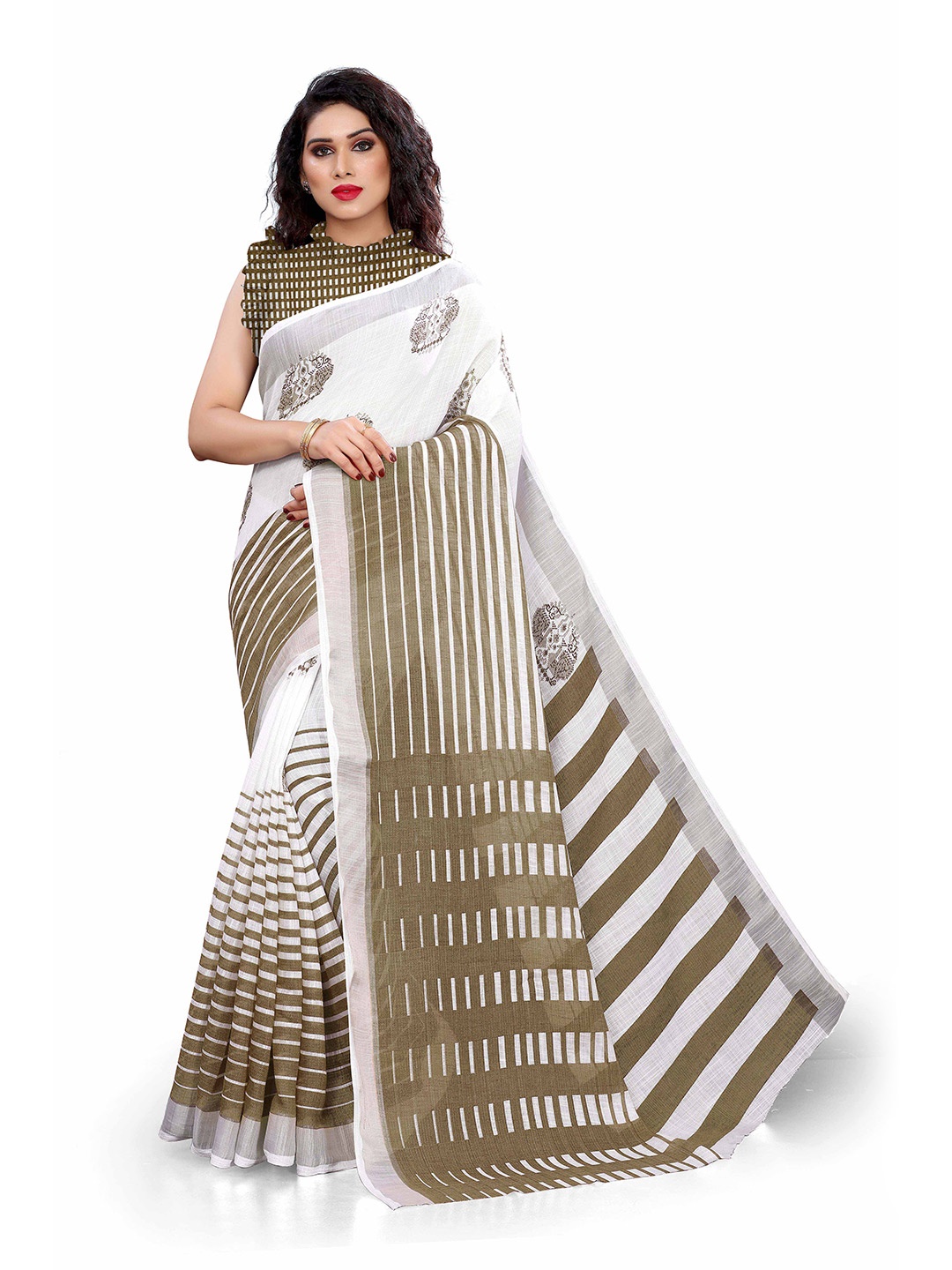 

KALINI White & Brown Ethnic Motifs Linen Blend Saree