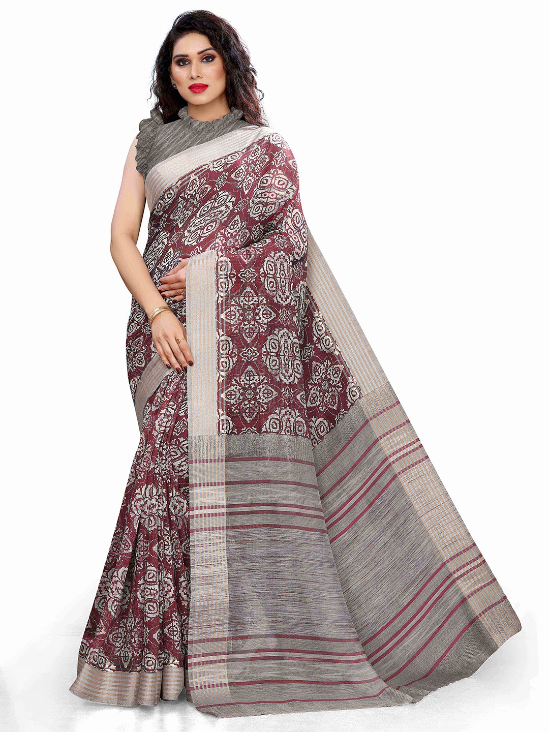 

KALINI Maroon & Grey Ethnic Motifs Printed Saree