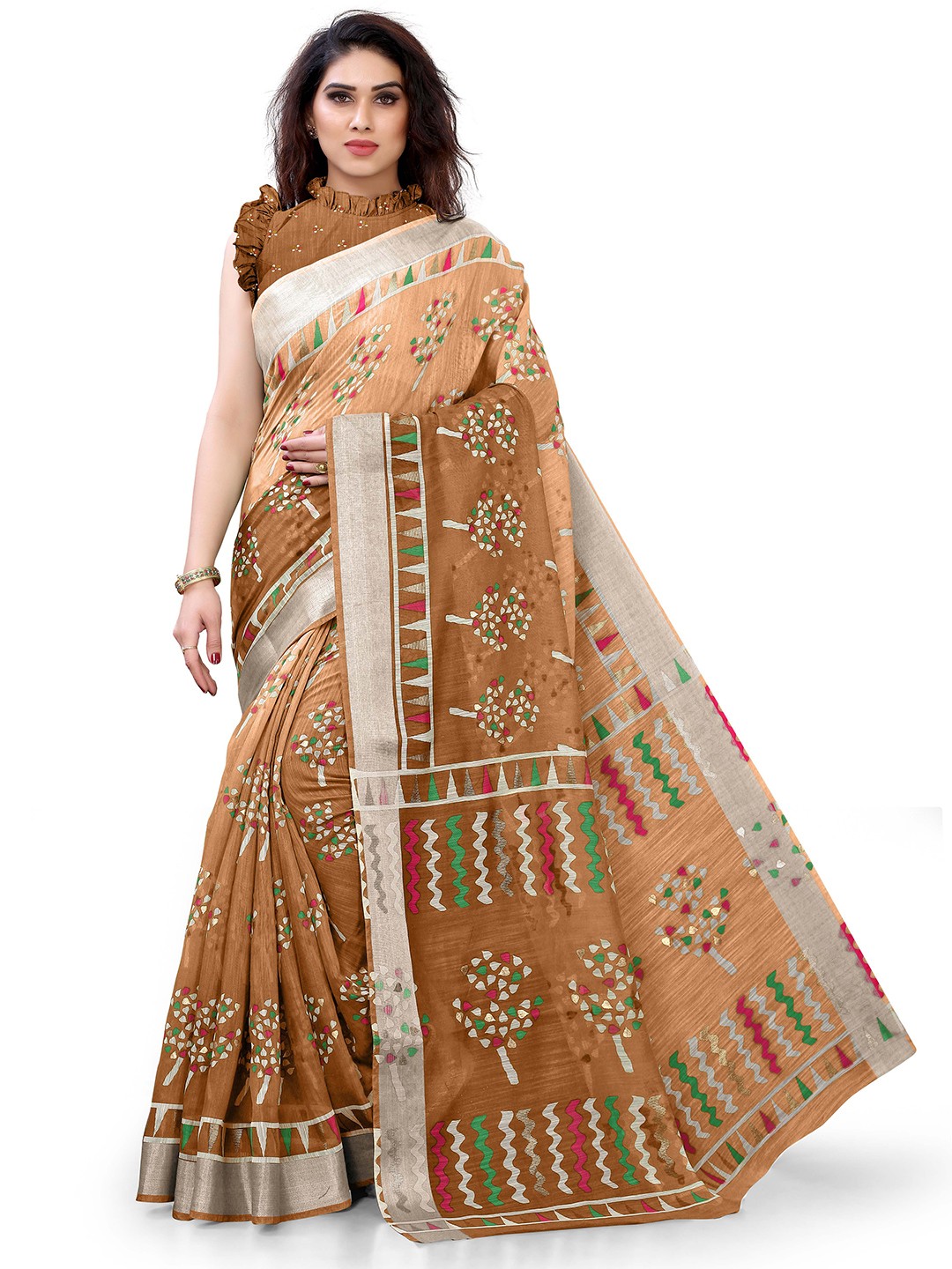 

KALINI Brown & Pink Geometric Printed Saree