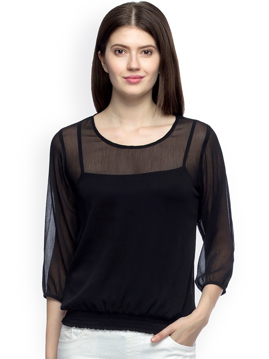 

WISSTLER Women Black Solid Chiffon Satin Finish Blouson Top