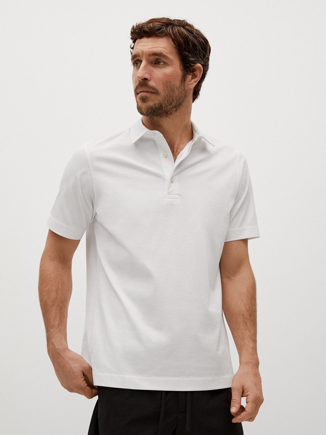 

MANGO MAN Men White Polo Collar Performance T-shirt