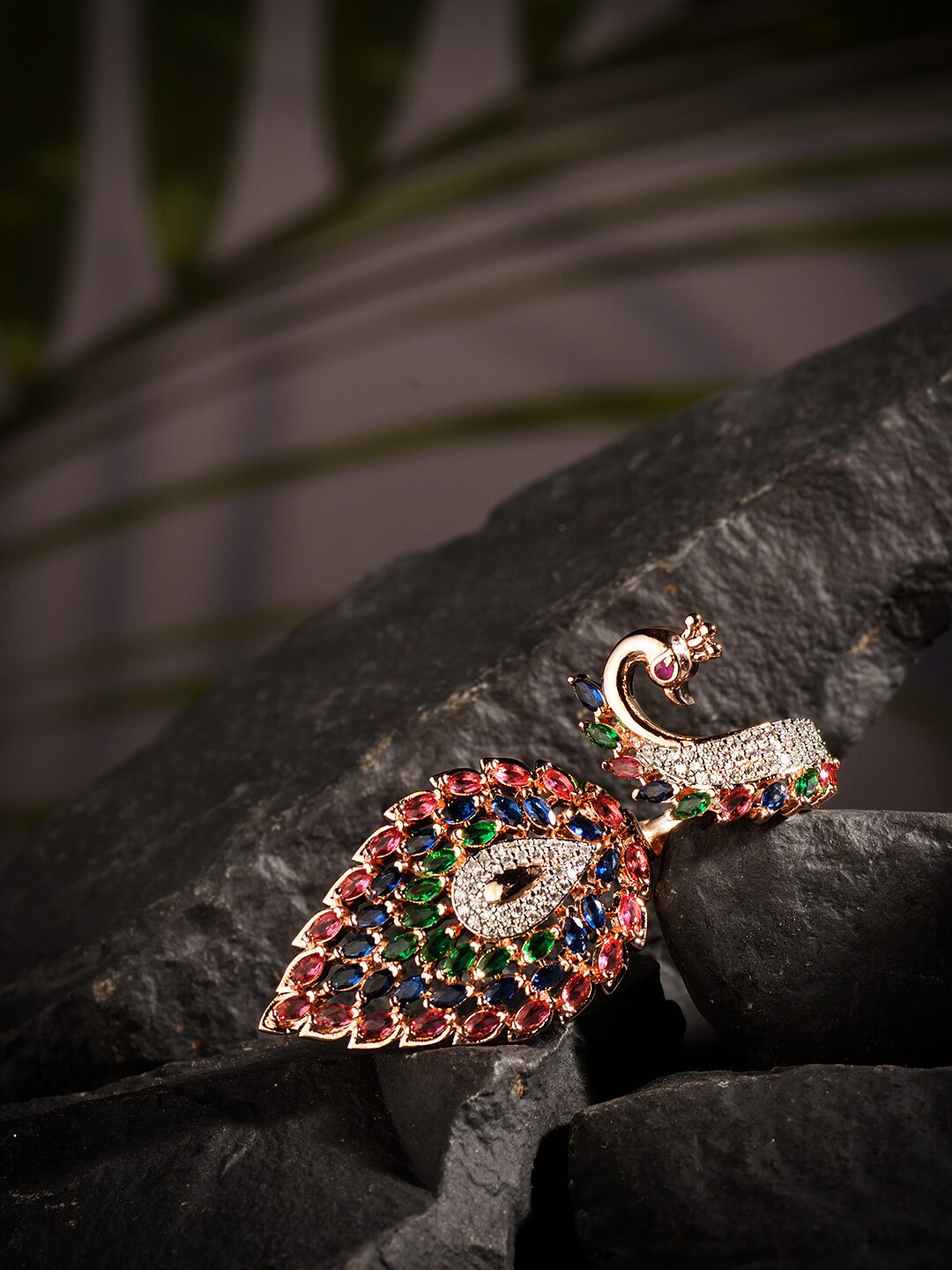 

Saraf RS Jewellery Rose Gold-Plated White & Pink CZ & AD-Studded Handcrafted Adjustable Finger Ring