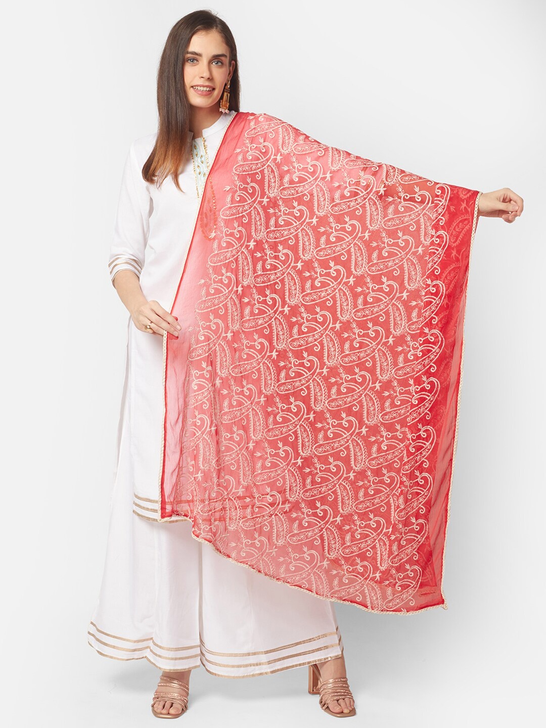 

Dupatta Bazaar Red & White Paisley Embroidered Dupatta