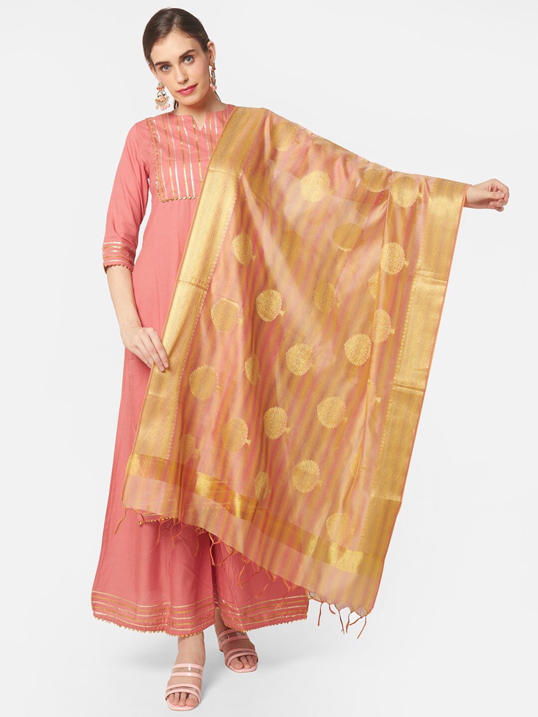 

Dupatta Bazaar Gold-Toned & Pink Ethnic Motifs Woven Design Chanderi Silk Dupatta