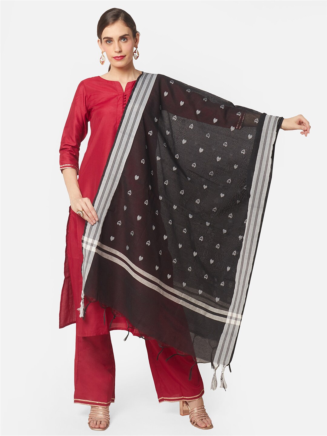 

Dupatta Bazaar Black & White Ethnic Motifs Woven Design Pure Cotton Dupatta