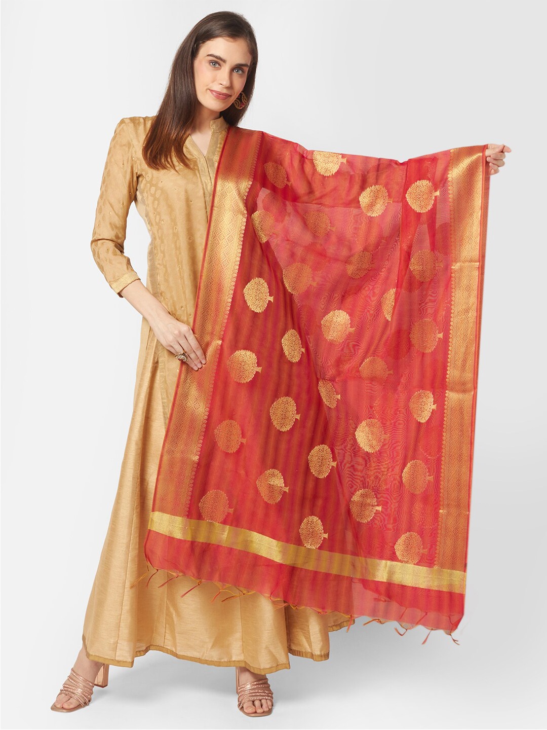 

Dupatta Bazaar Red & Gold-Toned Ethnic Motifs Woven Design Chanderi Silk Dupatta