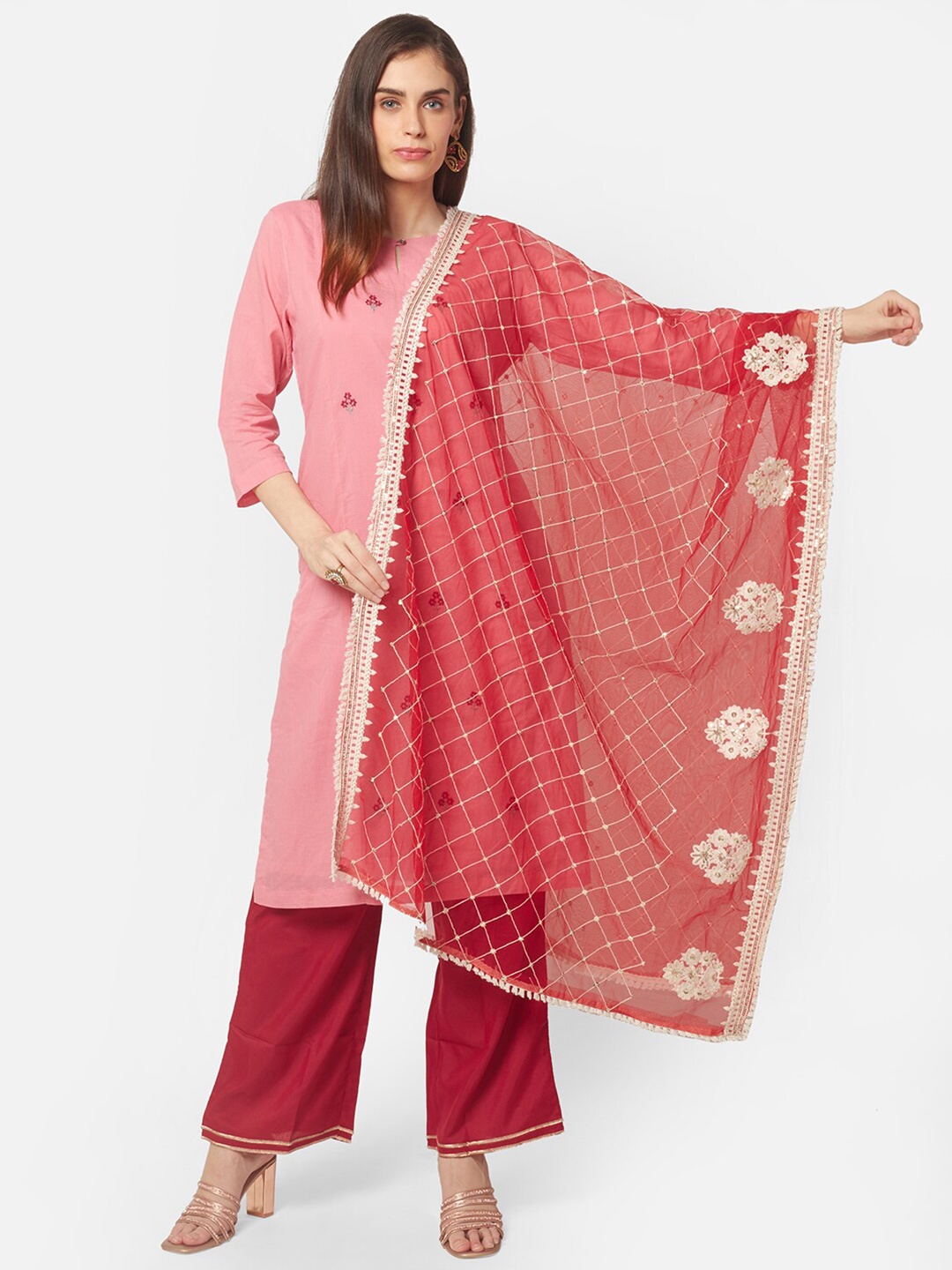 

Dupatta Bazaar Red & White Ethnic Motifs Embroidered Dupatta