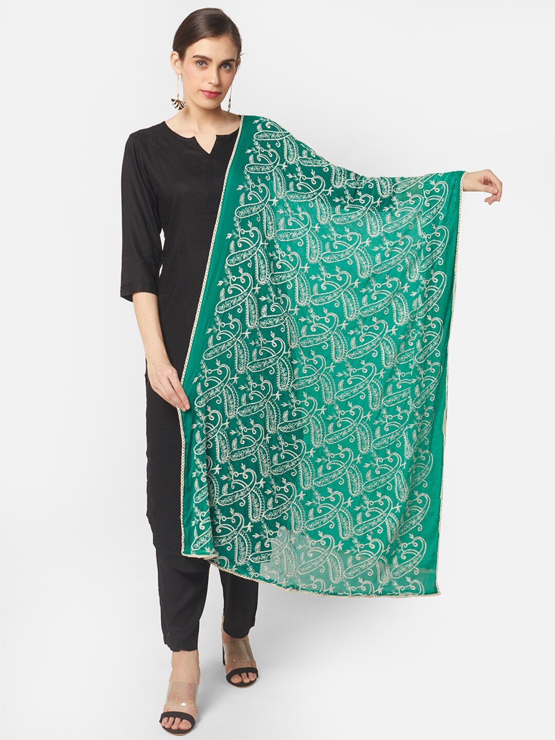 

Dupatta Bazaar Green & White Paisley Embroidered Dupatta