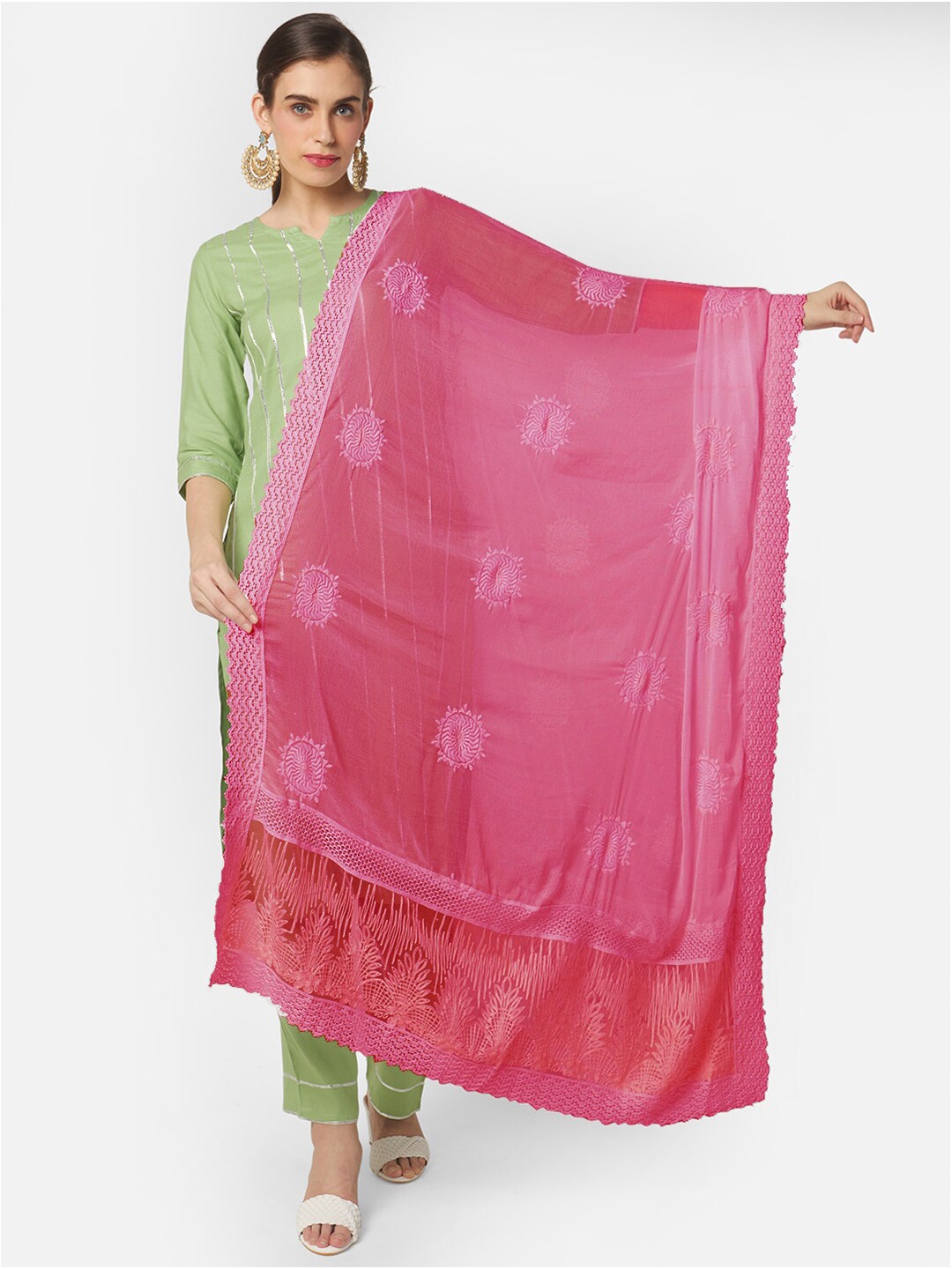 

Dupatta Bazaar Pink Ethnic Motifs Embroidered Pure Chiffon Dupatta with Thread Work