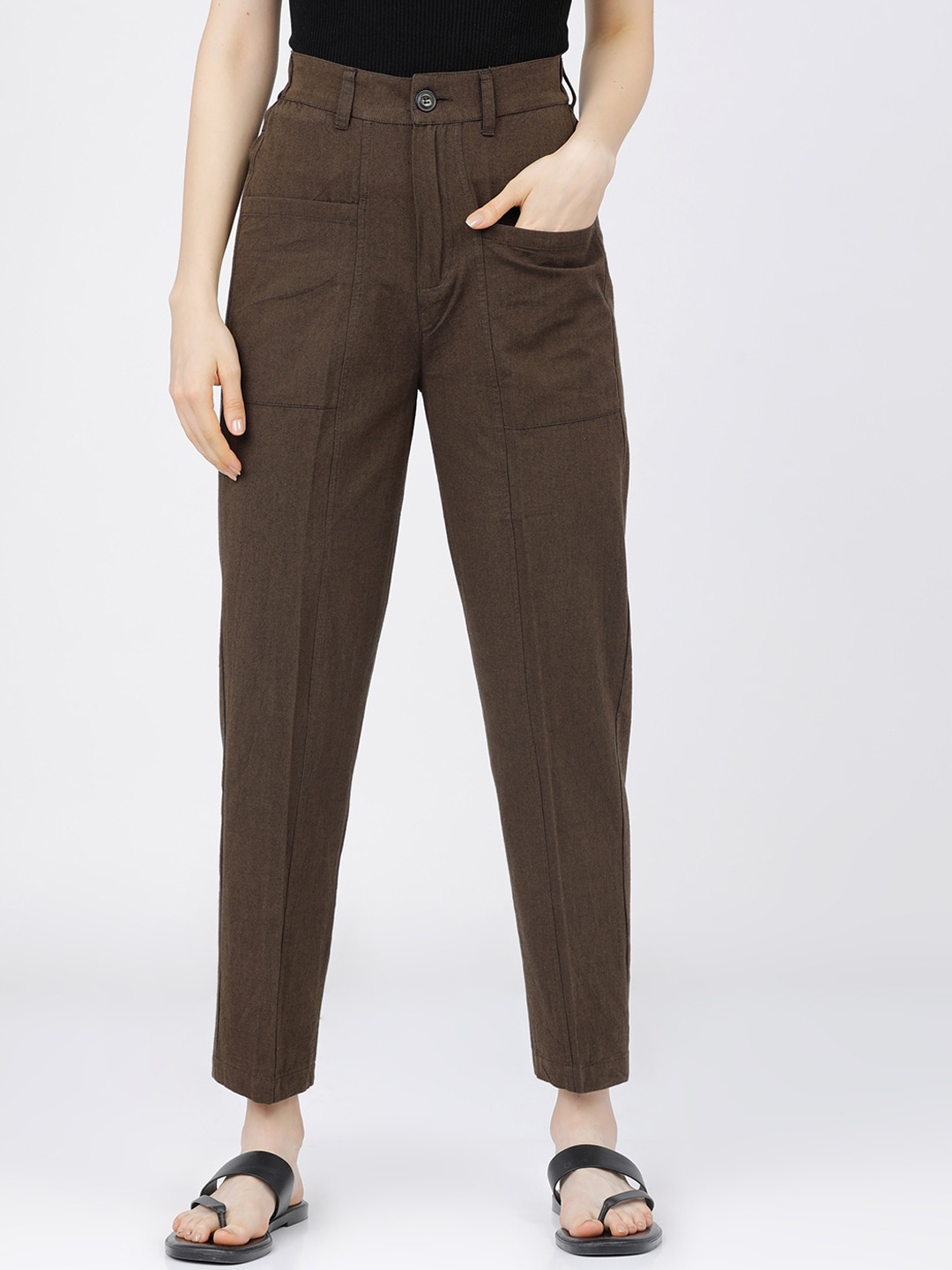

CHIC BY TOKYO TALKIES Women Brown Tapered Fit High-Rise Trousers