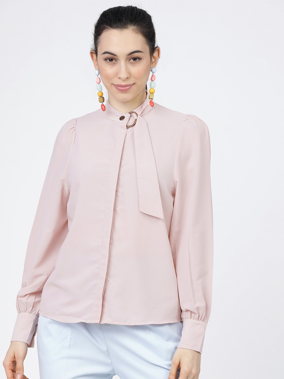 

Tokyo Talkies Cream-Coloured Mandarin Collar Georgette Regular Top