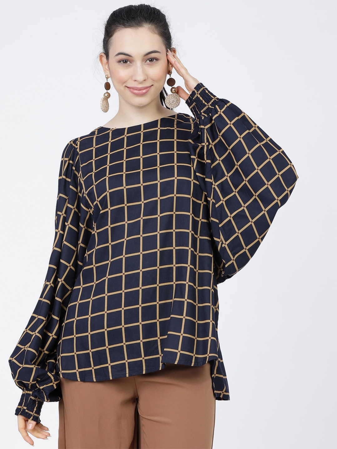 

Tokyo Talkies Navy Blue & Beige Checked Puff Sleeve Regular Top