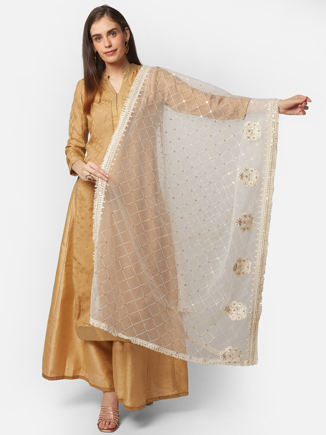 

Dupatta Bazaar White & Beige Ethnic Motifs Embroidered Sequinned Dupatta