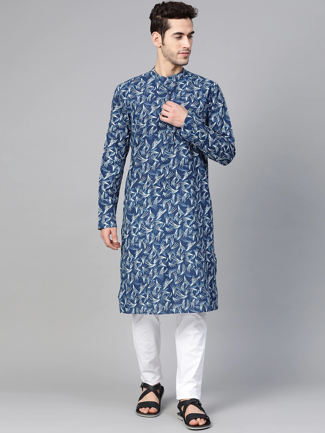 

See Designs Men Blue Printed Pure Cotton Kurta with Pyjamas