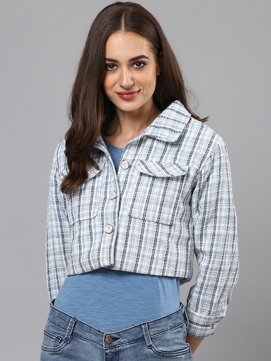 

Campus Sutra Women Blue Crop Blazer