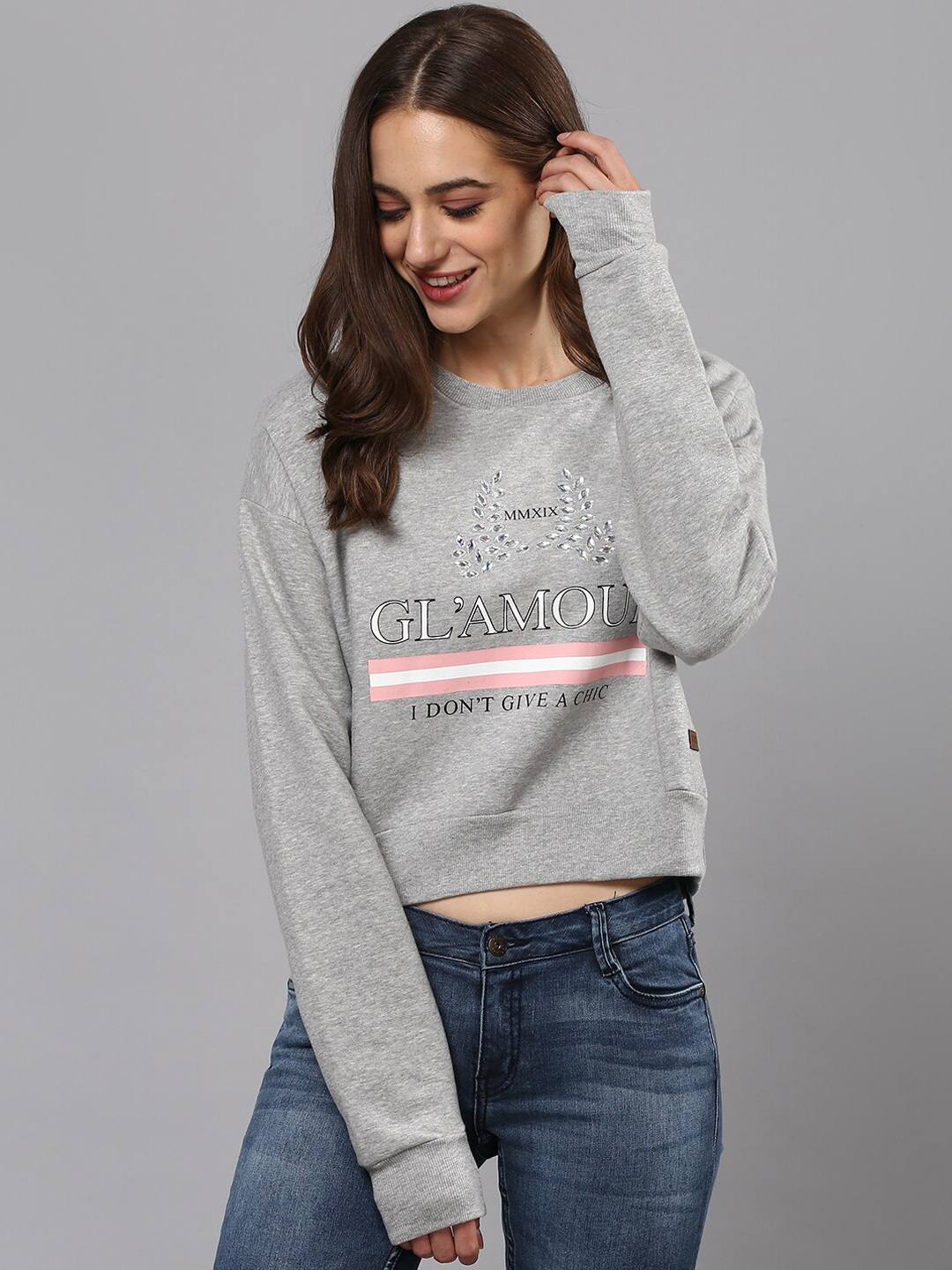 

Campus Sutra Women Grey Printed Crop Sweatshirt