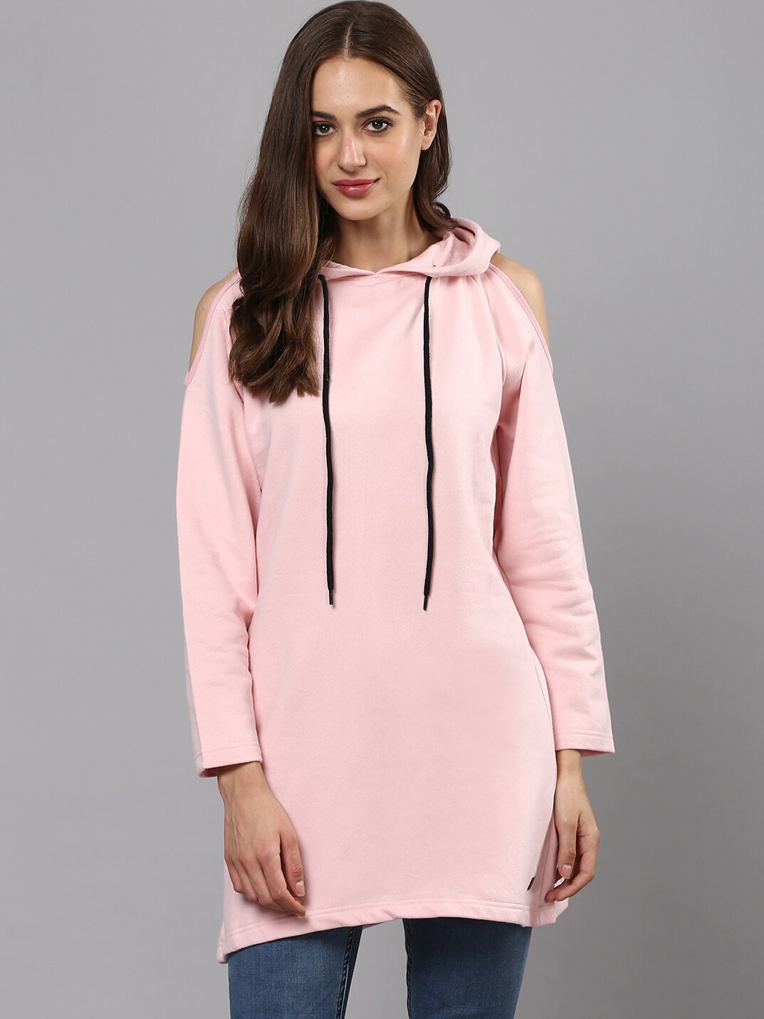 

Campus Sutra Women Pink Cold Shoulder Hooded Sweatshirt