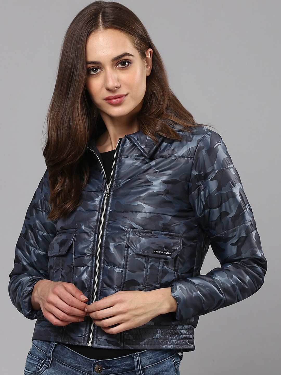 

Campus Sutra Women Blue Camouflage Windcheater Crop Padded Jacket