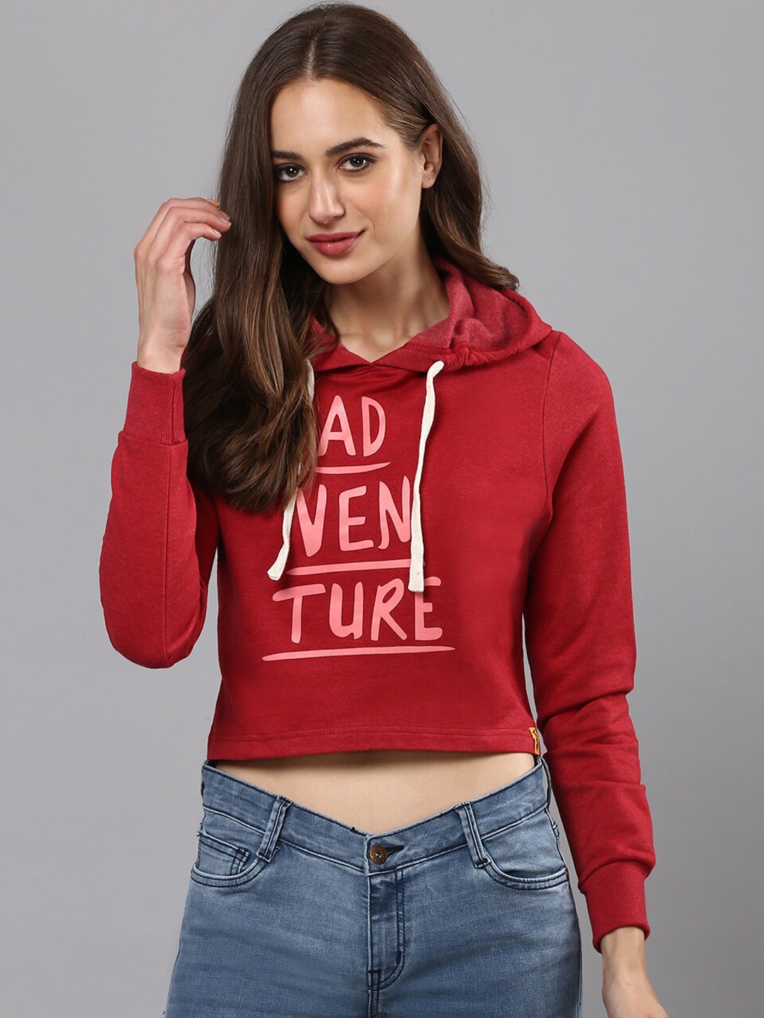 

Campus Sutra Women Maroon Printed Crop Hooded Sweatshirt