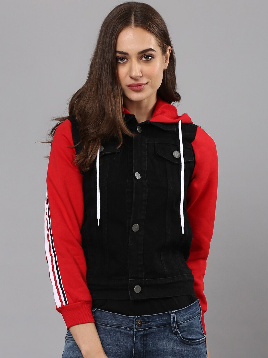 

Campus Sutra Women Black Red Windcheater Longline Denim Jacket