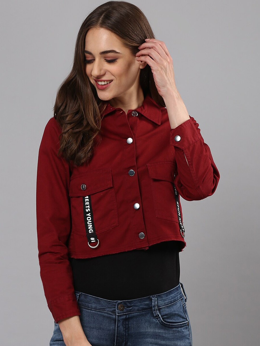 

Campus Sutra Women Maroon Windcheater Crop Denim Jacket