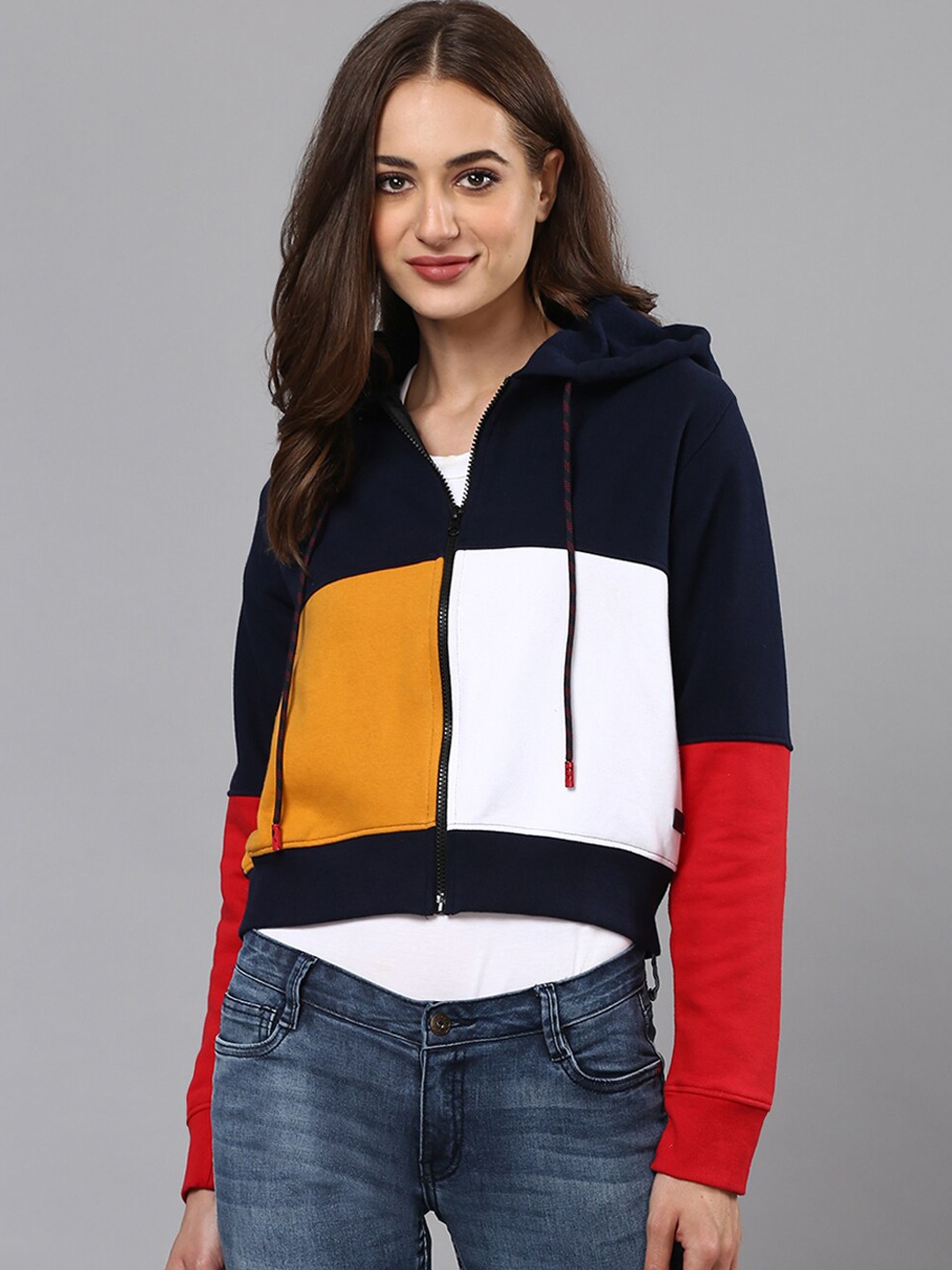 

Campus Sutra Women Navy Blue Colourblocked Crop Hooded Sweatshirt