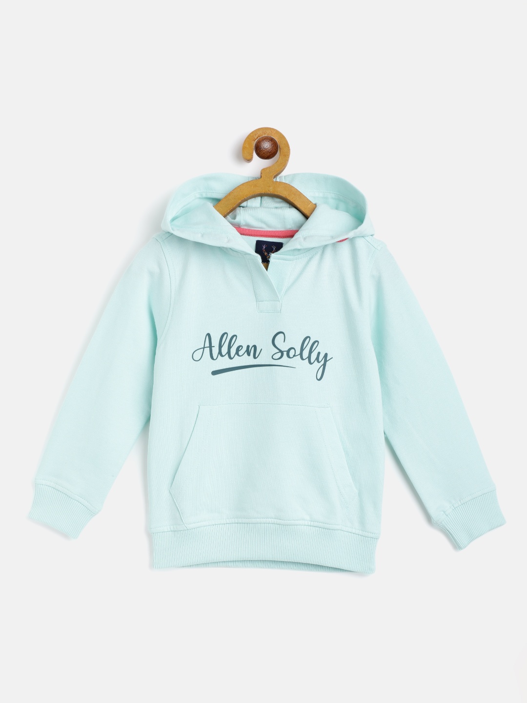 

Allen Solly Junior Girls Mint Green Cotton Brand Logo Print Hooded Sweatshirt