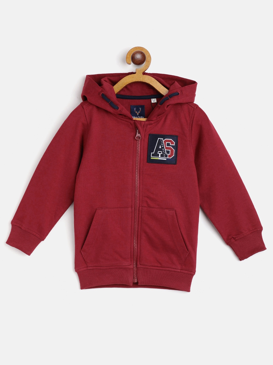 

Allen Solly Junior Boys Maroon Cotton Solid Hooded Sweatshirt with Applique Detail