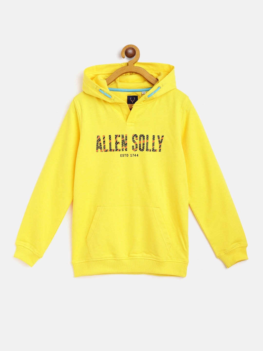 

Allen Solly Junior Boys Yellow Brand Name Print Pure Cotton Hooded Sweatshirt