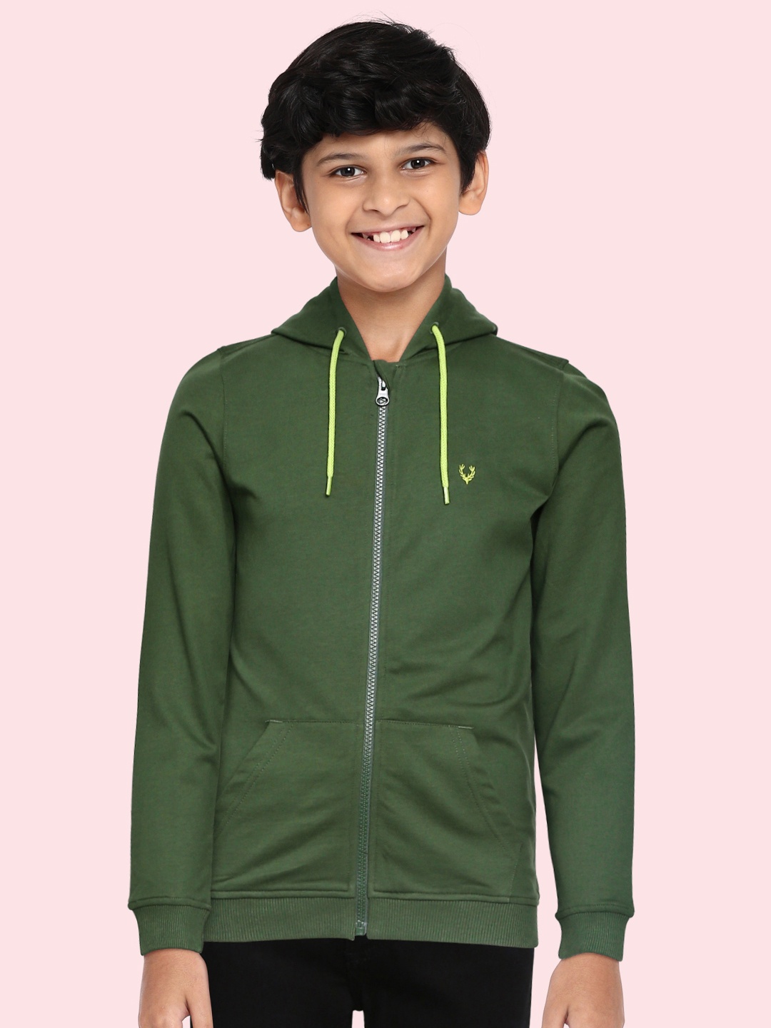 

Allen Solly Junior Boys Olive Green Pure Cotton Solid Hooded Sweatshirt
