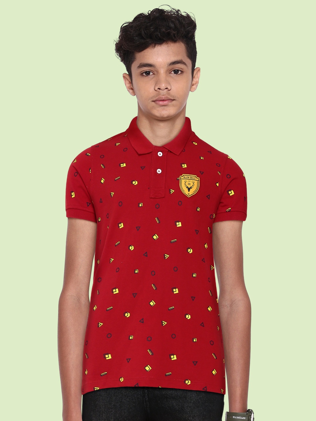 

Allen Solly Junior Boys Red & Yellow Geometric Print Polo Collar Applique Detail T-shirt