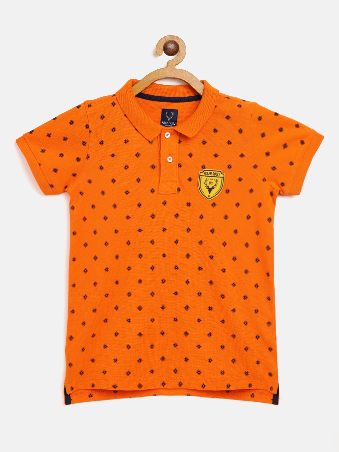 

Allen Solly Junior Boys Orange & Black Ditsy Typography Print Polo Collar T-shirt