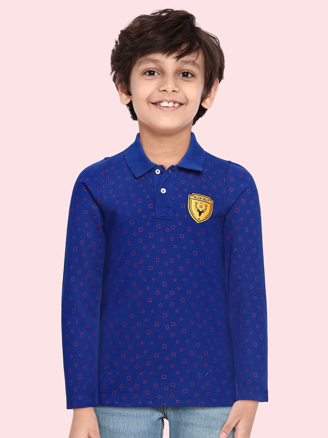 

Allen Solly Junior Boys Blue & Coral Red Geometric Printed Polo Collar T-shirt