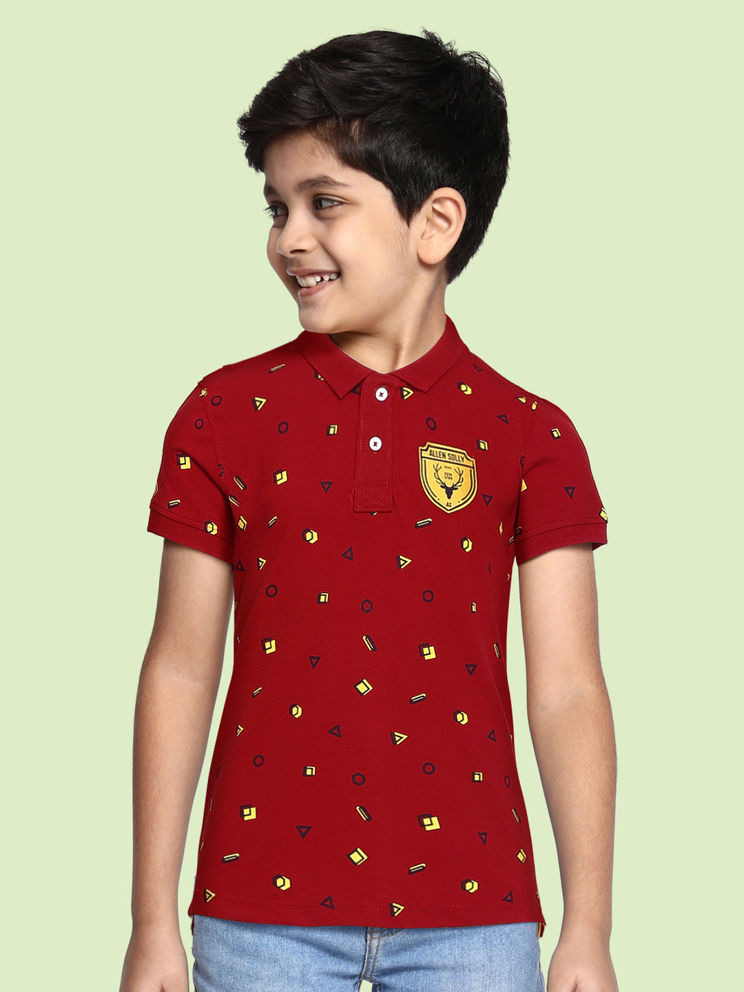 

Allen Solly Junior Boys Red & Yellow Geometric Print Polo Collar Applique Detail T-shirt