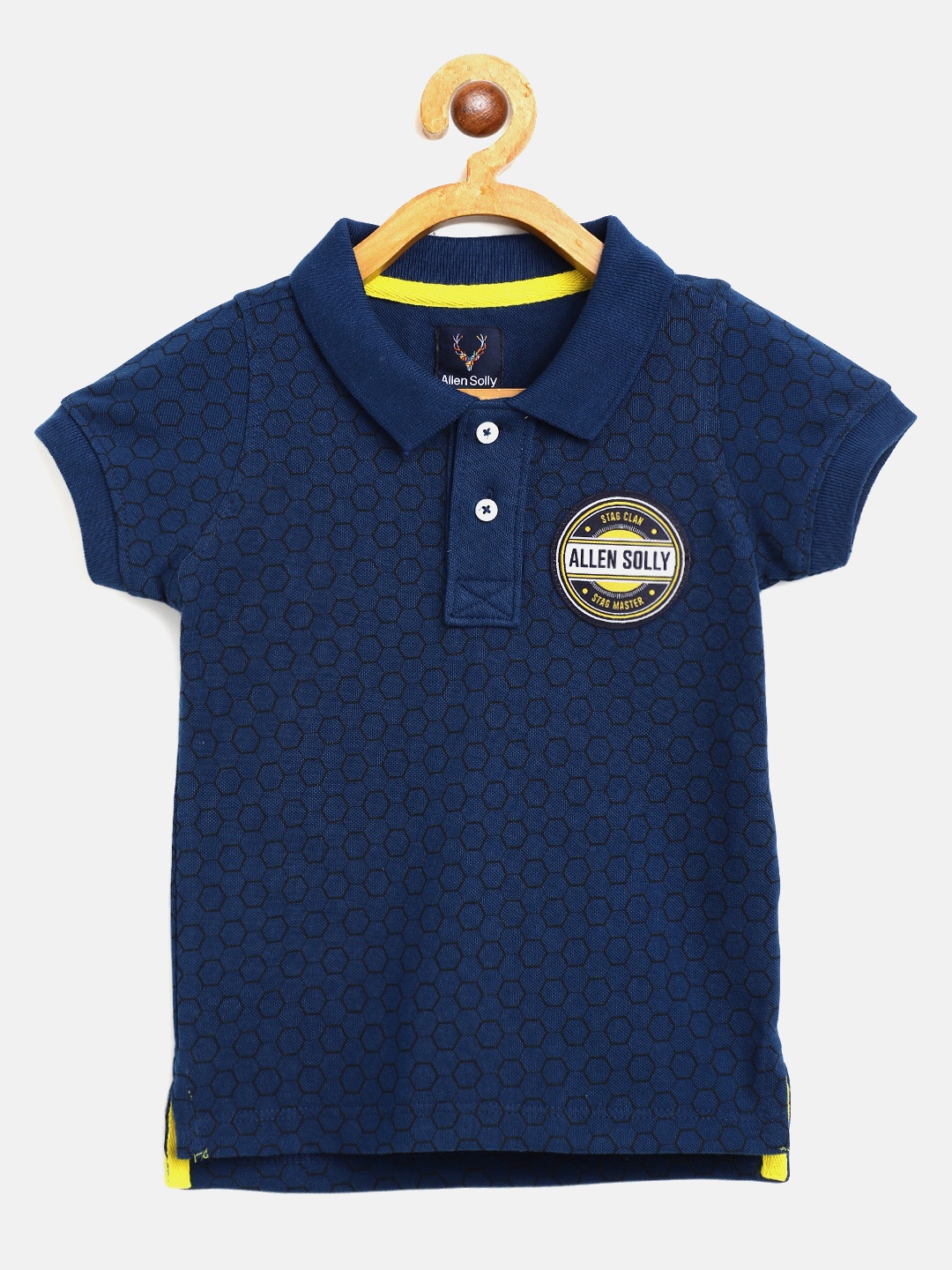 

Allen Solly Junior Boys Teal Blue & Black Geometric Print Polo Collar Applique T-shirt
