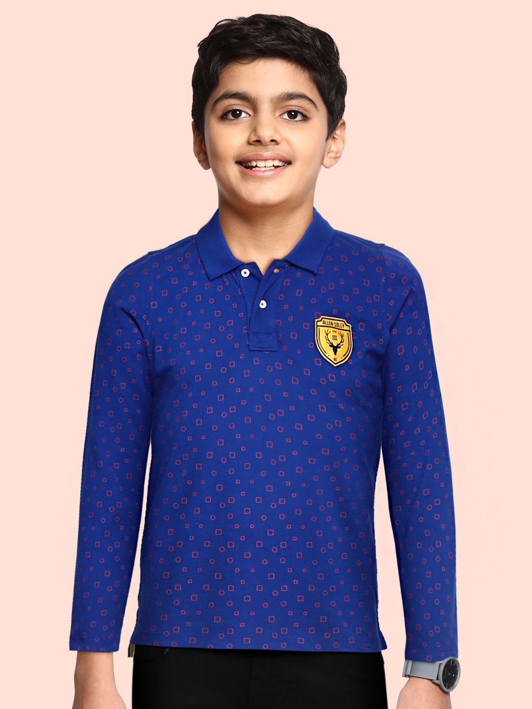 

Allen Solly Junior Boys Blue & Coral Red Geometric Printed Polo Collar T-shirt