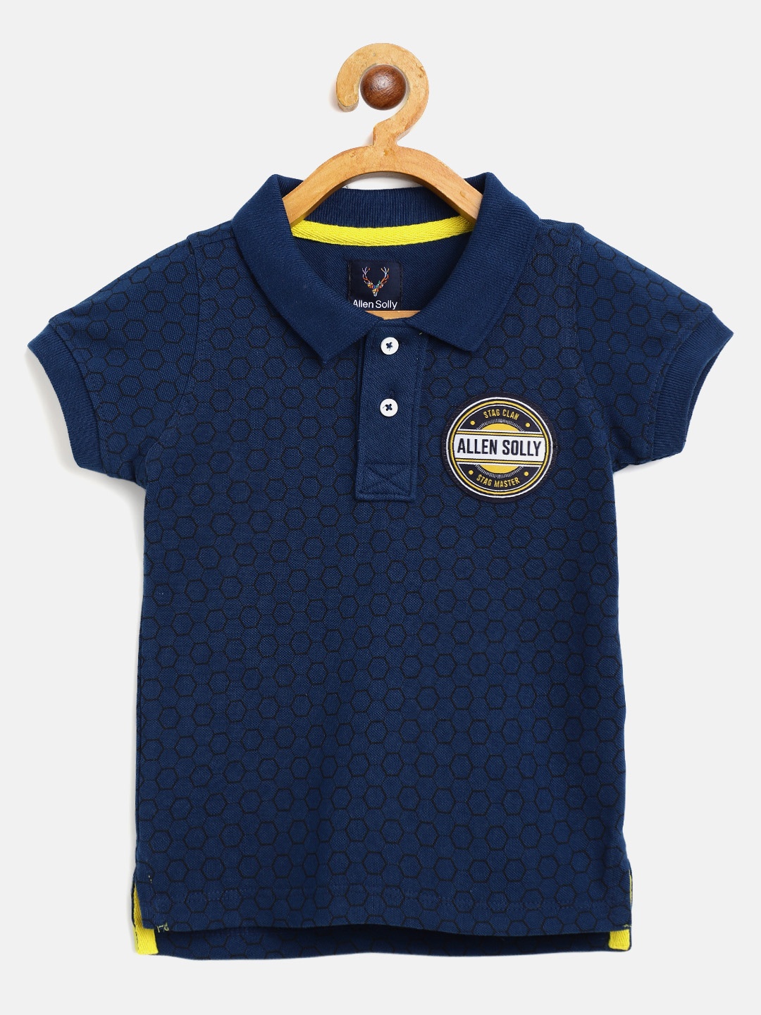 

Allen Solly Junior Boys Navy Blue & Black Hexagon Printed Polo Collar T-shirt