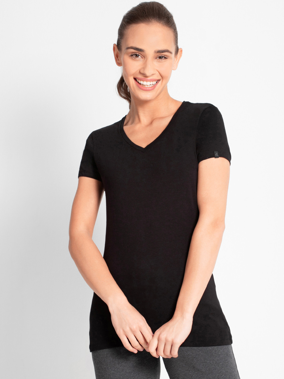 

Jockey Women Black Solid V Neck Lounge Tshirt 1359