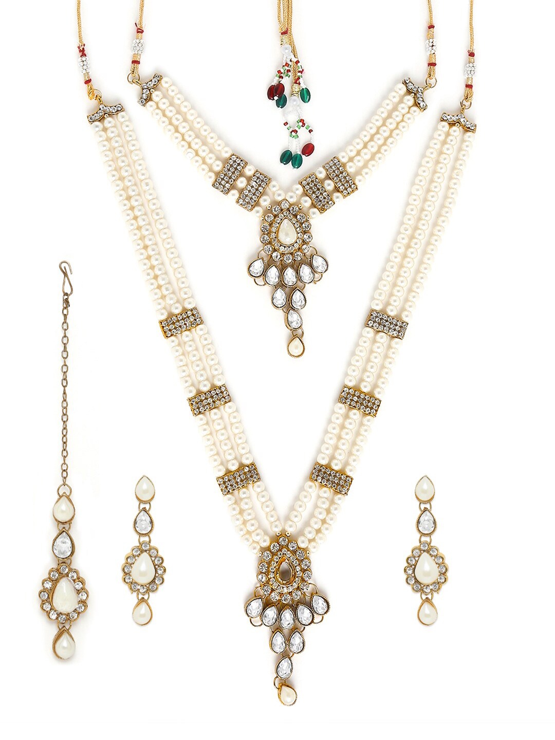 

Mahi Gold-Plated & White Kundan-Studded & Pearl Beaded Layered Traditional Jewellery Set