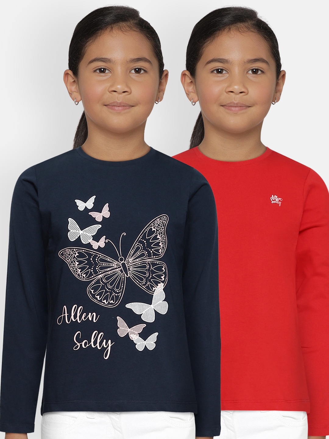 

Allen Solly Junior Girls Set of 2 Printed Round Neck Pure Cotton T-shirts, Navy blue