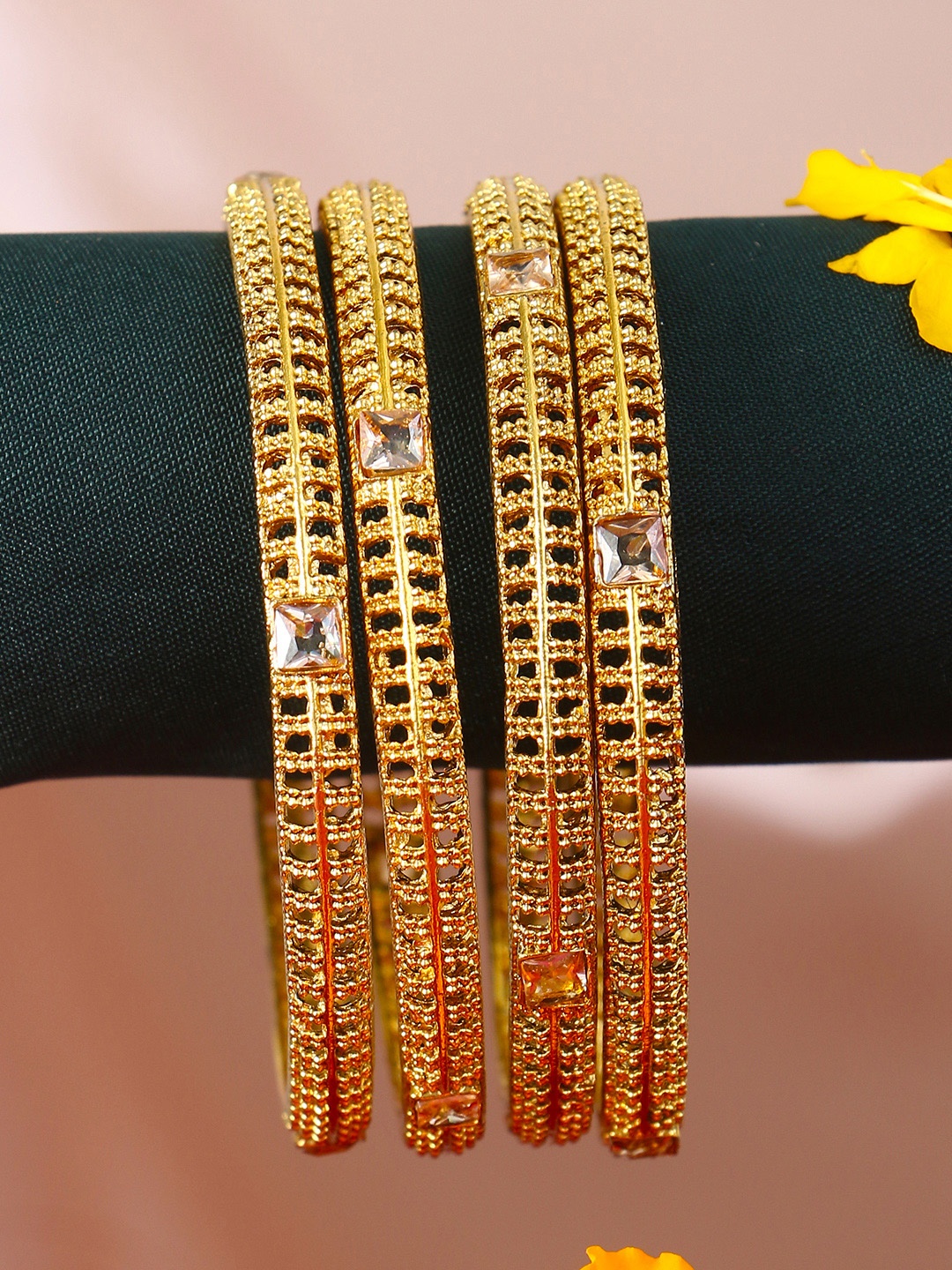 

Adwitiya Set Of 4 Gold-Plated Beige Stone-Studded Handcrafted Bangles