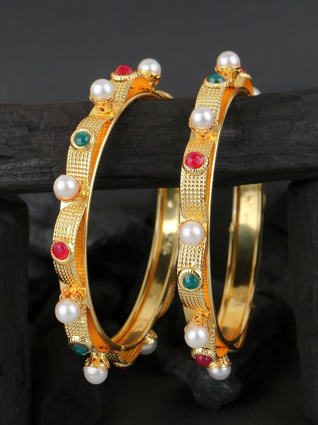 

Adwitiya Set Of 2 Gold-Plated Pink & Green Stone-Studded & Beaded Handcrafted Bangles